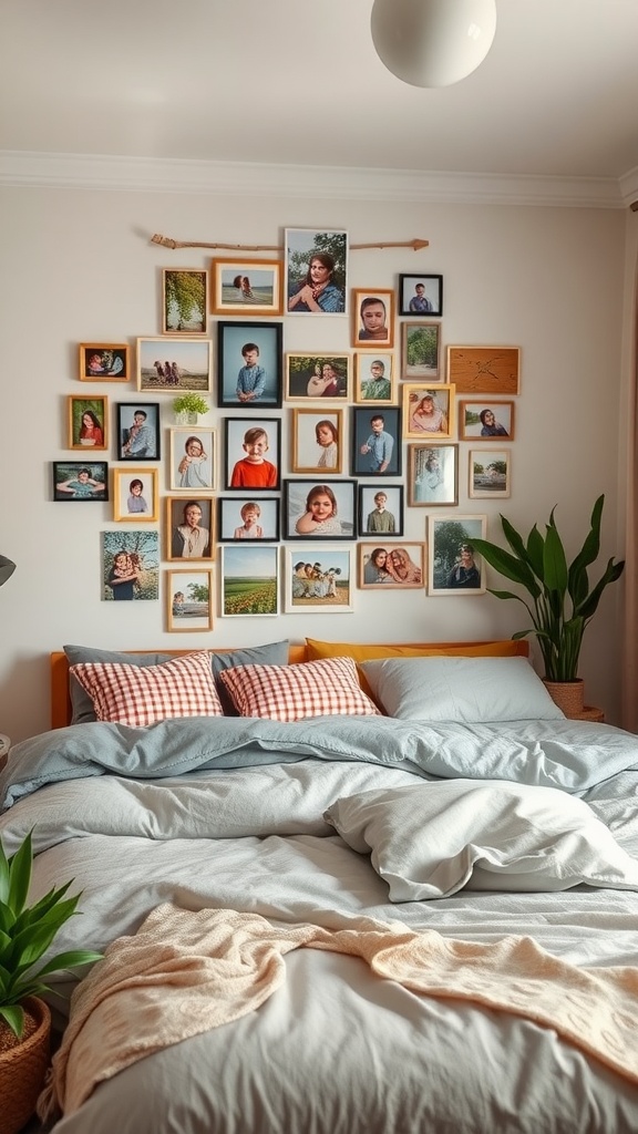 A cozy shared bedroom featuring a wall of family photos, a neatly made bed with pillows and a soft throw, and a plant in the corner.