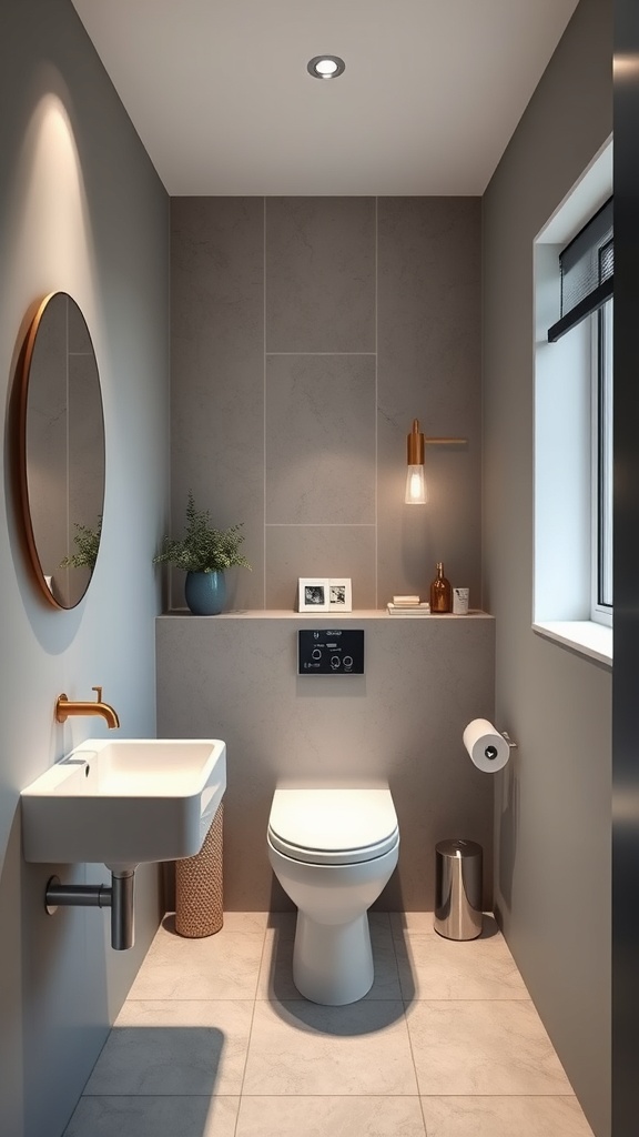 A modern small bathroom featuring floating fixtures, a wall-mounted toilet, and a compact sink.