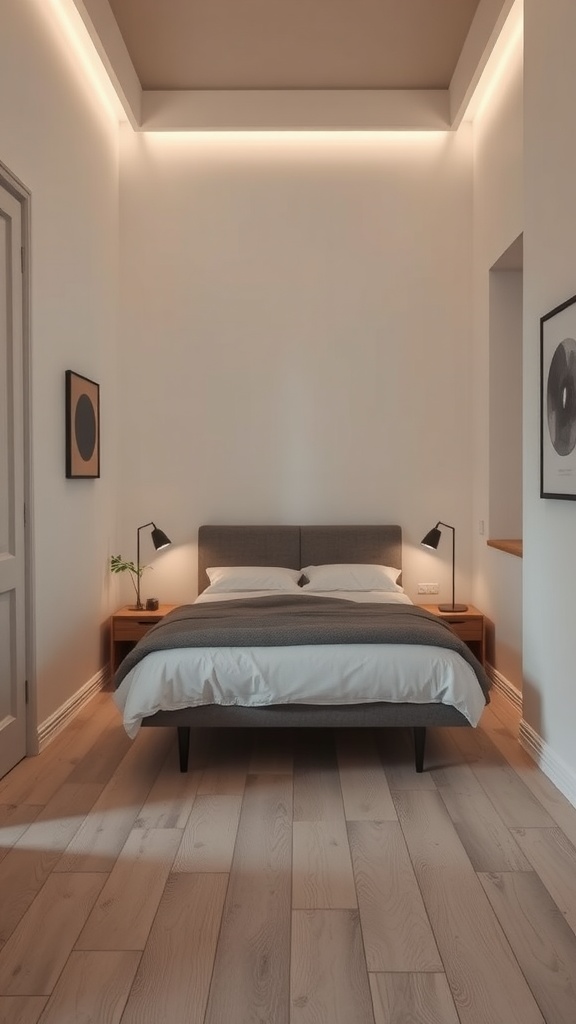 A narrow bedroom featuring a floating nightstand with a modern bed and stylish lighting.