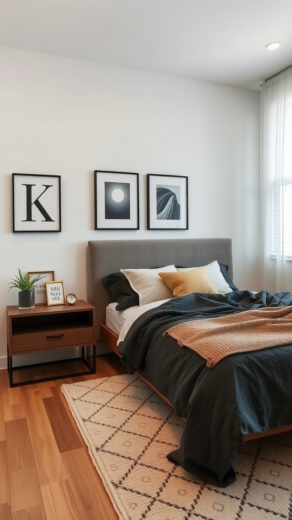 A small rectangular bedroom featuring a floating nightstand beside a bed, decorative items, and modern decor.