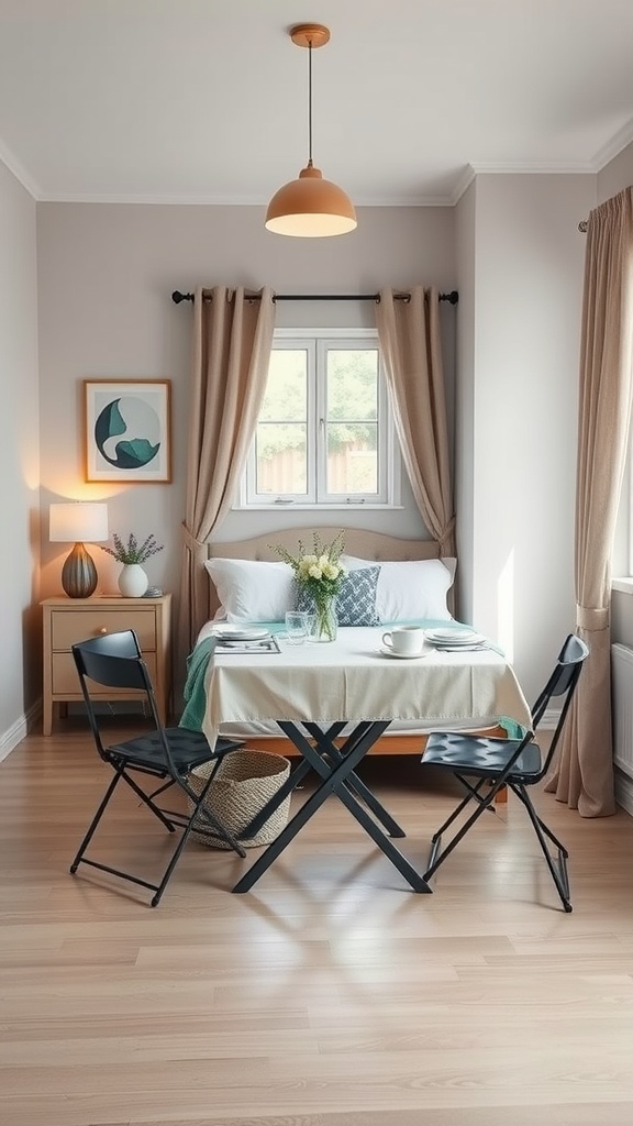 A small apartment featuring a foldable table and chairs, with a cozy decor.