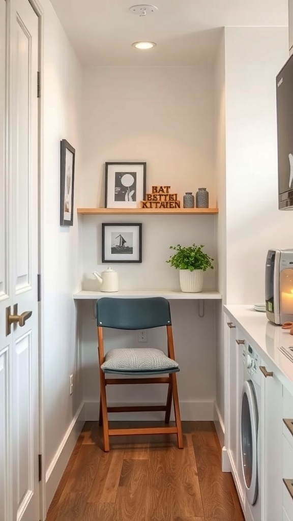 A small kitchen corner featuring a foldable chair, a shelf with decor, and modern appliances.