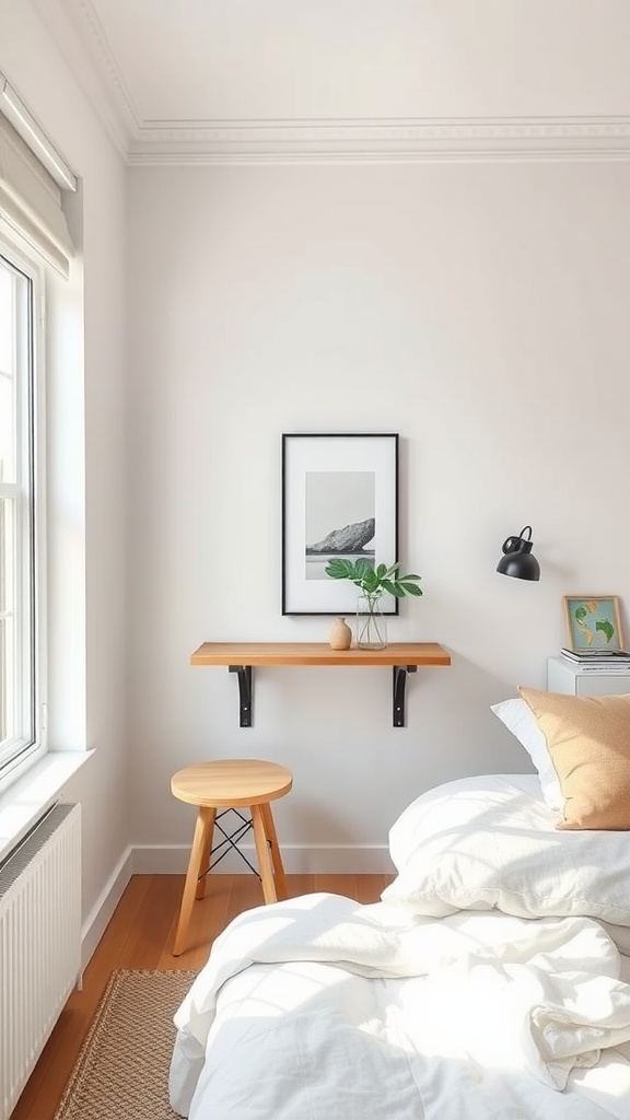 A cozy bedroom featuring a wall-mounted table and a stool, showcasing a minimalist design.