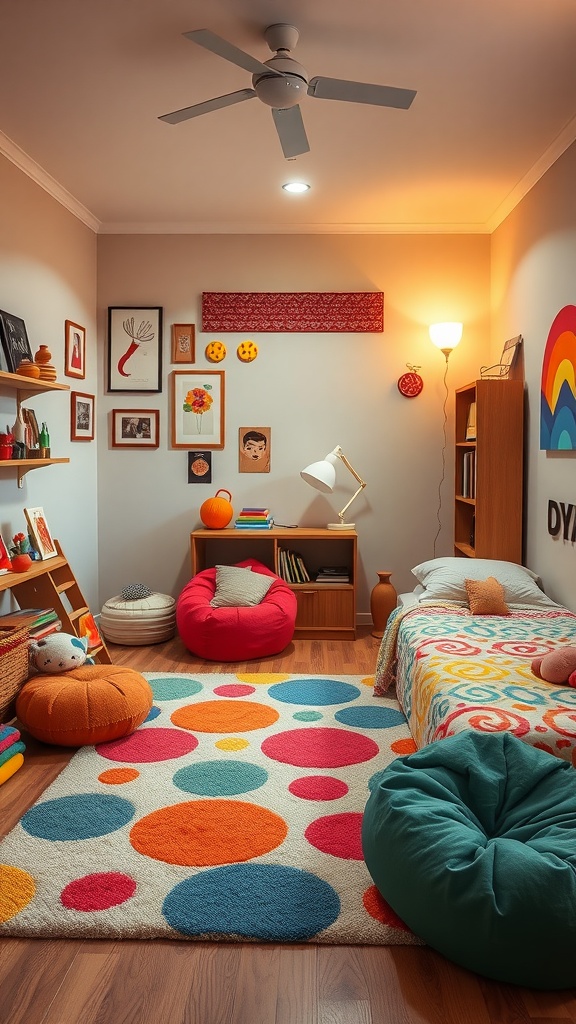 A colorful shared bedroom with playful furniture and decor