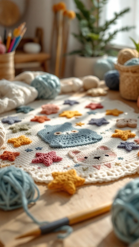 A crochet baby blanket with fun motifs including stars and animal faces, surrounded by yarn and crochet supplies.