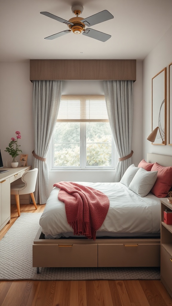 Chic mom bedroom featuring a cozy bed with storage, a stylish desk, and soft decor.