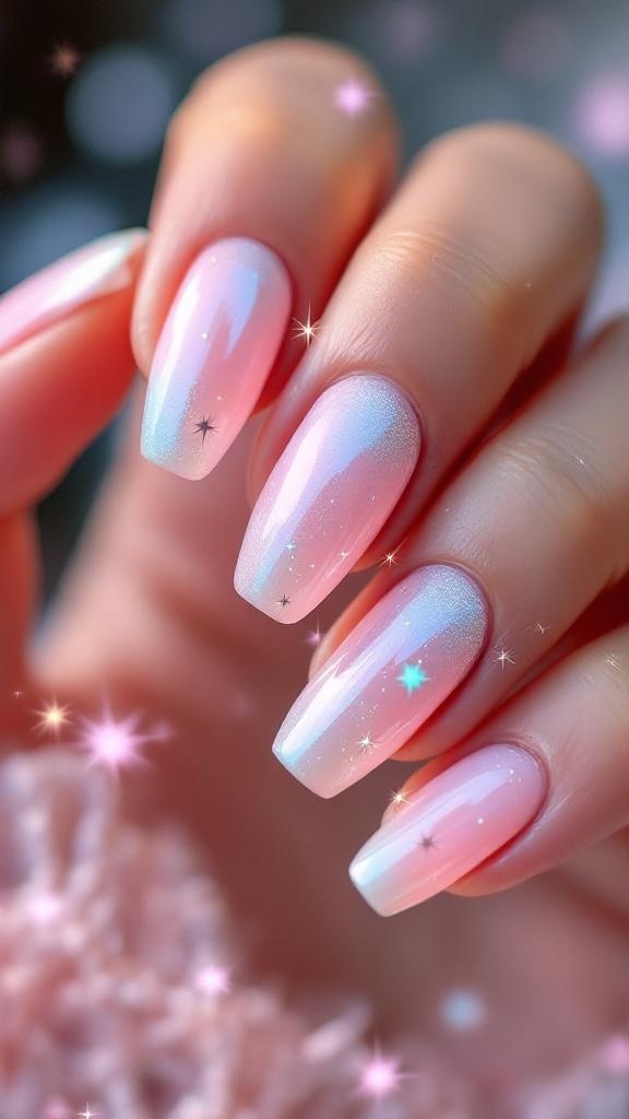 Glittery cotton candy chrome nails with rings on a hand, showcasing a soft pastel aesthetic.