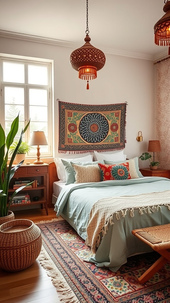 A bohemian bedroom featuring a tapestry, woven baskets, and warm lighting.