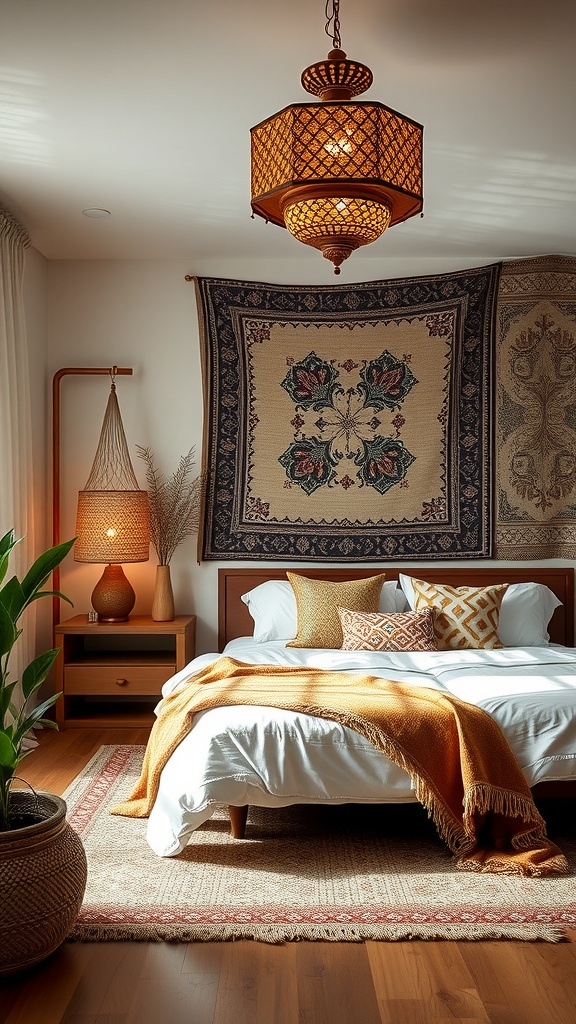 A cozy boho bedroom featuring a tapestry, warm lighting, and earthy tones.
