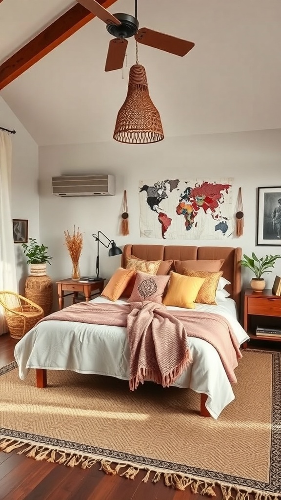 A bohemian bedroom featuring a world map on the wall, layered bedding in warm colors, and natural materials.