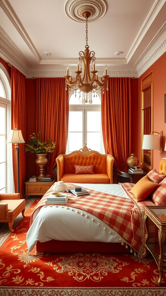A beautifully decorated bedroom with burnt orange walls, gold accents, and elegant furnishings.