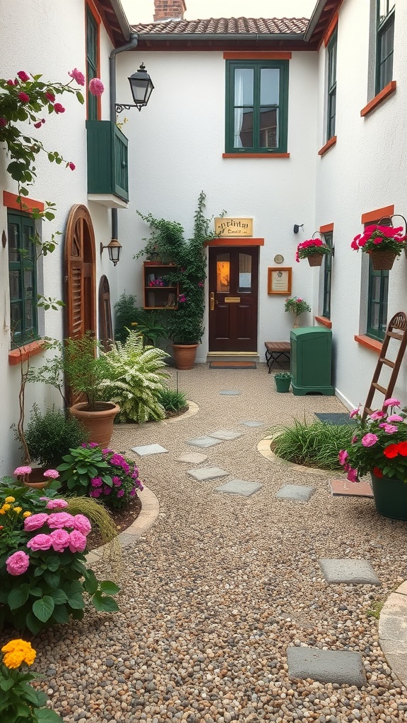 A small courtyard garden with gravel paths, colorful flowers, and green plants.