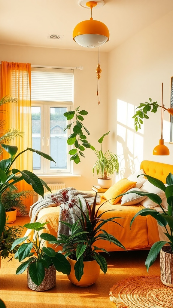 A mustard yellow bedroom with various green plants, featuring a yellow pendant light and large windows.