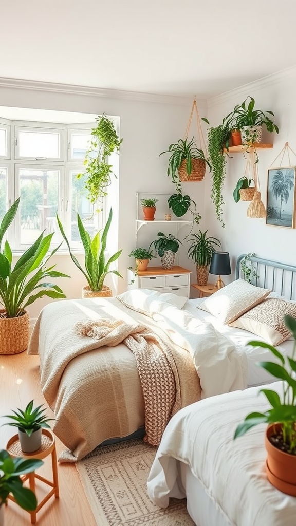 A bright Scandinavian boho bedroom decorated with various plants, including hanging and potted greenery.