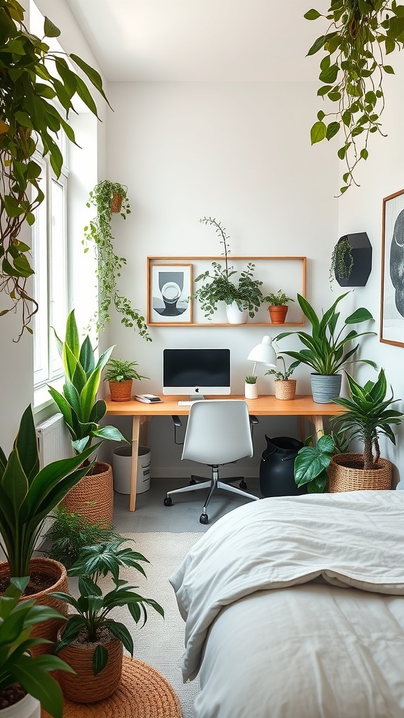 A small home office with a desk, computer, and various plants around.
