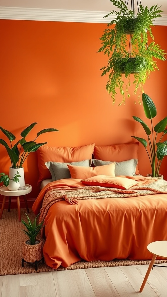 A burnt orange bedroom featuring a bed with orange bedding and green plants, including a hanging plant and potted plants.