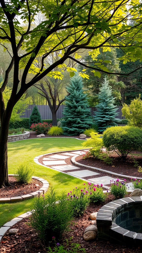 A beautifully landscaped backyard with a winding stone path, green grass, trees, and colorful flowers.