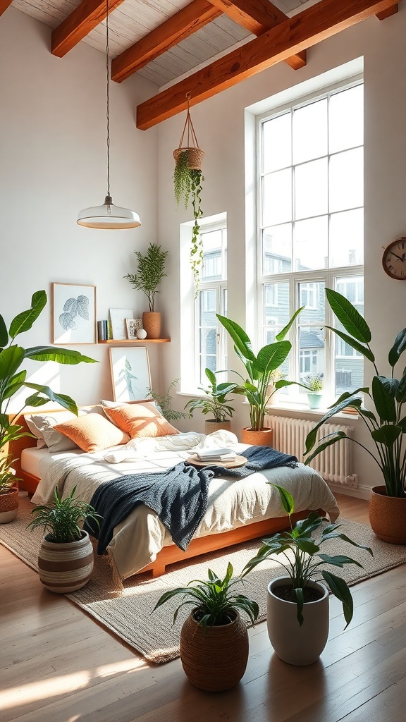 A loft-style bedroom with large windows, wooden beams, and various indoor plants.