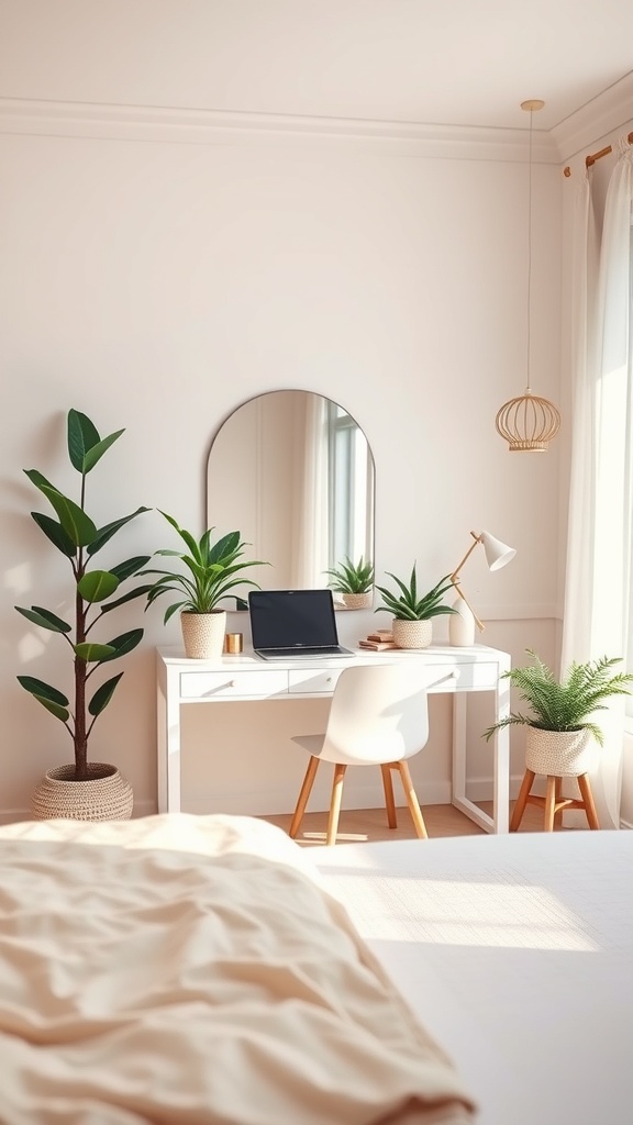 A modern bedroom with a desk and vanity combo, featuring greenery and a cozy atmosphere.