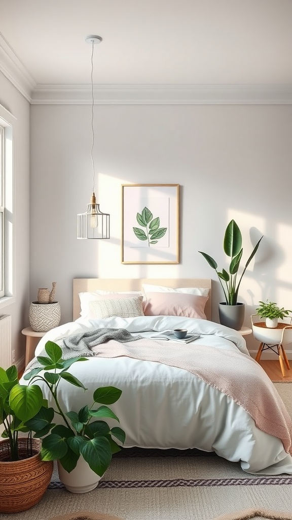 A neutral aesthetic bedroom featuring plants, a cozy bed, and natural light.