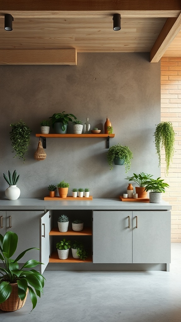 A modern kitchen featuring concrete surfaces and various plants on shelves and counters.