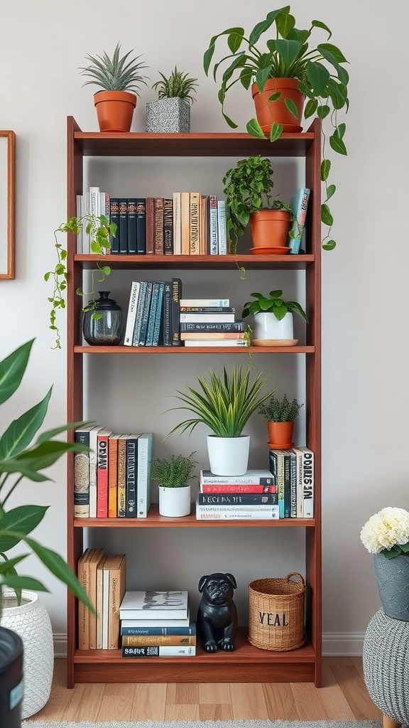 A bookshelf featuring a variety of books and several plants in pots, creating a cozy atmosphere.
