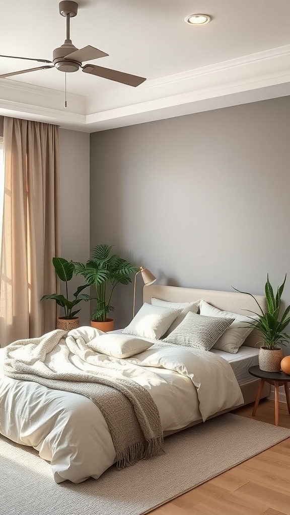A taupe bedroom featuring soft bedding, natural light, and indoor plants.