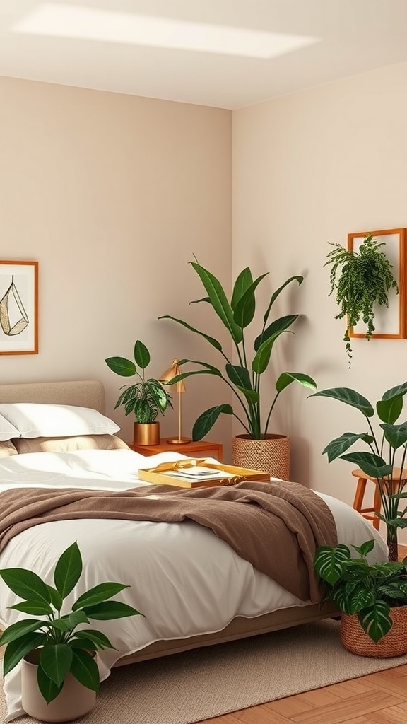 A cozy beige bedroom featuring various indoor plants, a neatly made bed, and warm wooden accents.