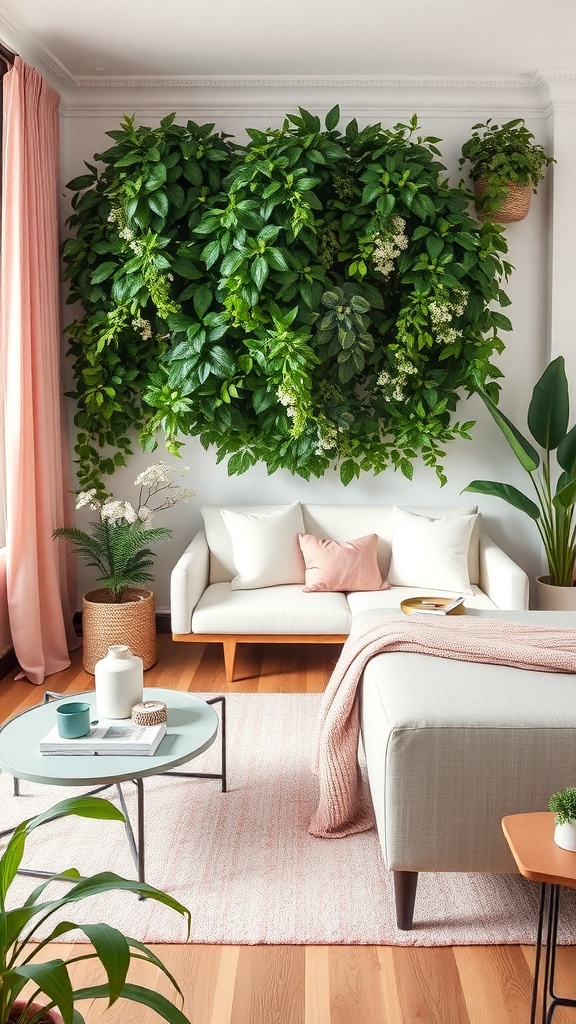 A stylish pink living room featuring a green wall of plants, a white sofa, and a cozy atmosphere.