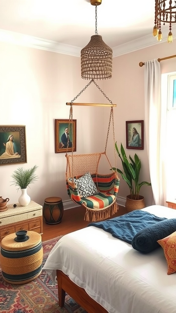 A cozy Moroccan bedroom featuring a swing chair, warm colors, and decorative plants.