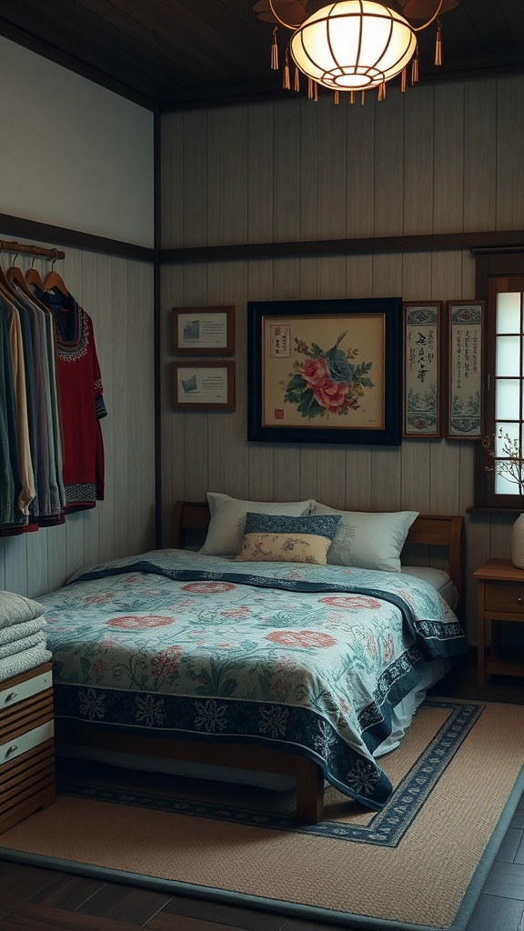 A cozy Korean bedroom featuring Hanbok textiles on the bed, with traditional garments hanging and floral decorations.
