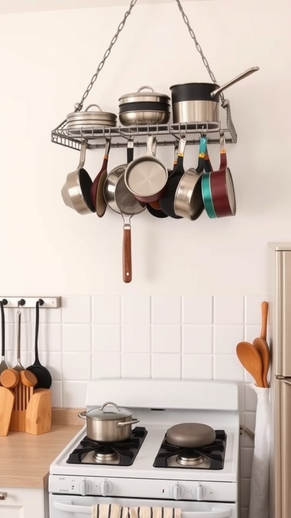 A hanging pot rack with various pots and pans in a small kitchen.
