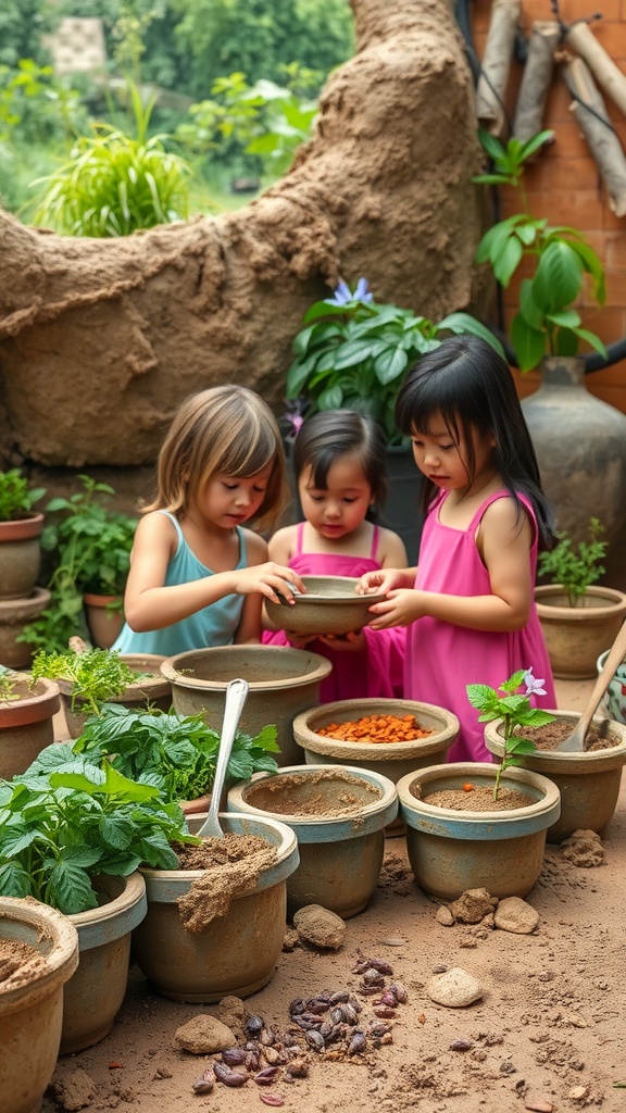 Children playing in a mud kitchen with pots of herbs and spices.
