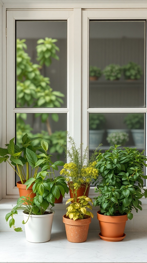 An array of potted herbs on a windowsill, showcasing different types of plants.