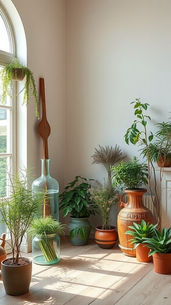 Indoor herb garden with various plants in pots and glass containers
