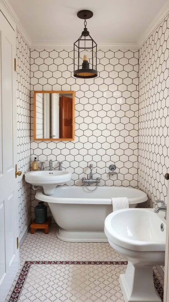 A vintage bathroom featuring hexagon tiles, a freestanding bathtub, and a pendant light.