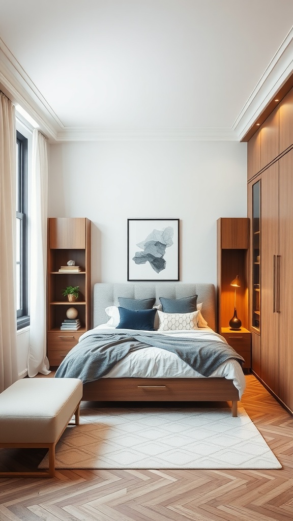 A cozy one-bedroom apartment featuring a bed with hidden storage drawers, built-in shelves, and a stylish closet.