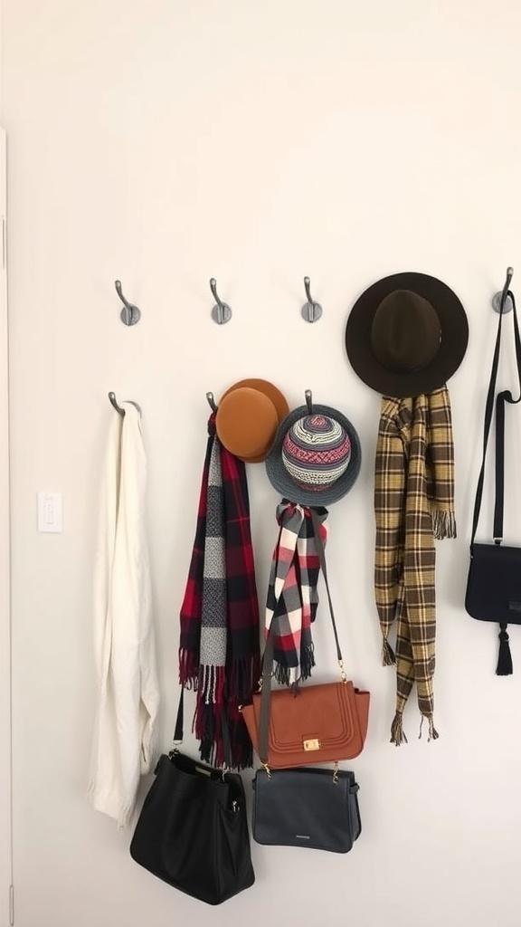 A wall with several hooks displaying hats, scarves, and bags in an organized manner.