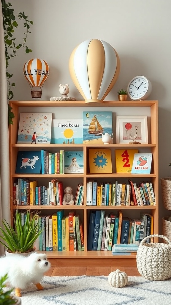 A cozy nursery bookshelf with hot air balloon decorations and colorful children's books.