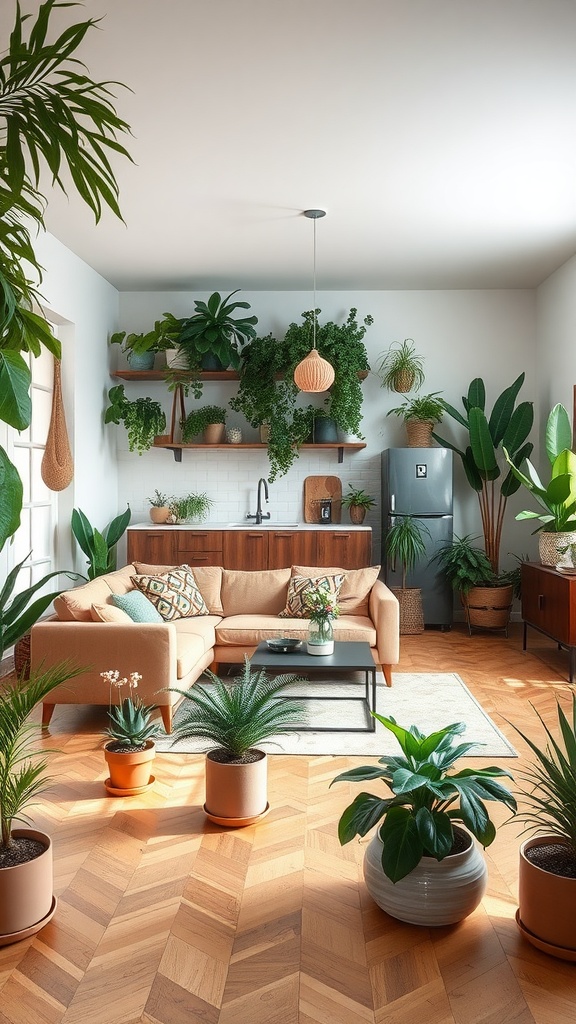 A bright open space featuring a living room with a cozy couch and a kitchen area, adorned with multiple indoor plants in various pots.