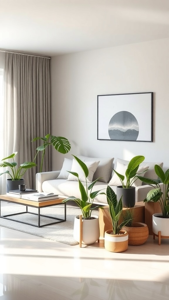A cozy living room with various indoor plants arranged around a coffee table, creating a warm and inviting atmosphere.
