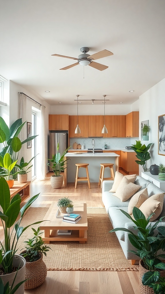 A bright open space living room and kitchen featuring various indoor plants, a cozy sofa, and wooden accents.