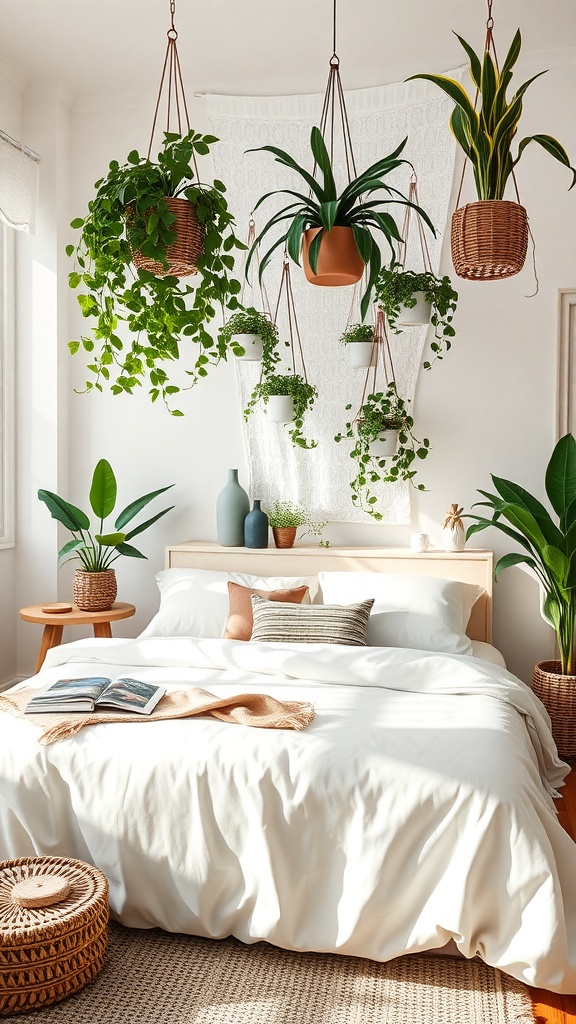 A Scandinavian boho bedroom featuring hanging plants and a cozy bed.