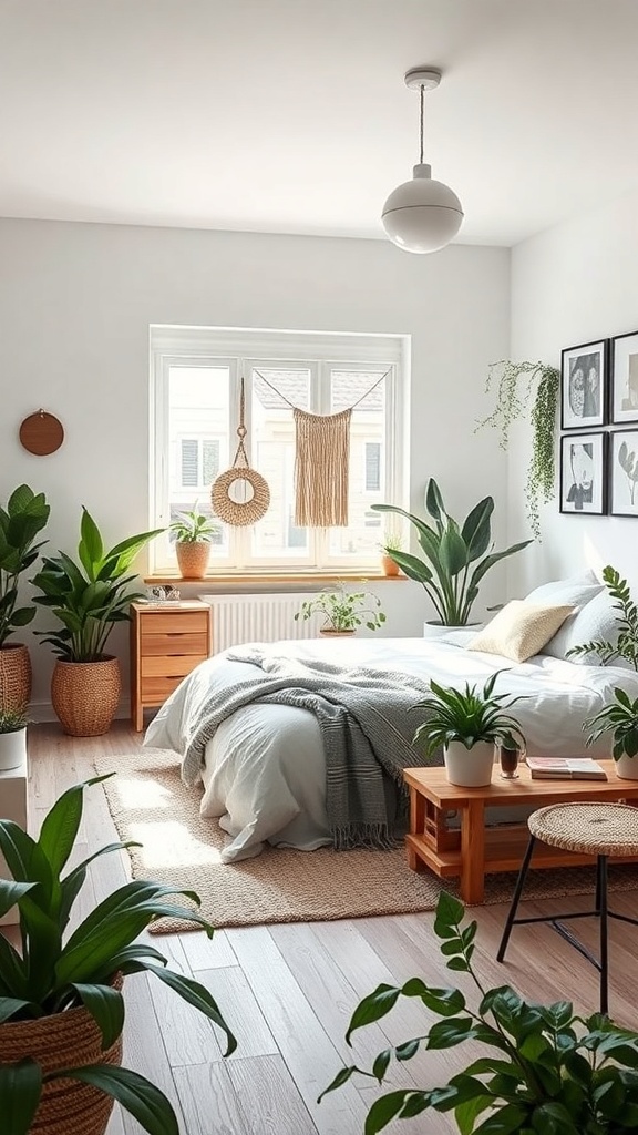 A bright bedroom with various indoor plants, a cozy bed, and wooden furniture.