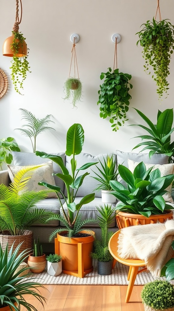 A living room filled with various indoor plants, including hanging plants and potted plants, creating a lush and inviting atmosphere.