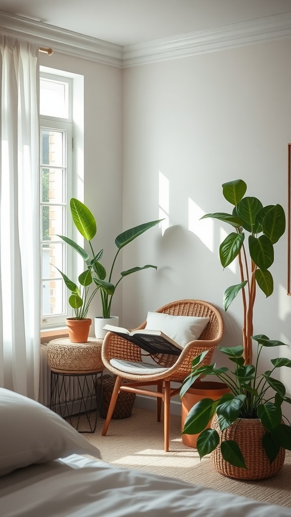 A cozy bedroom corner featuring a reading nook with an armchair, plants, and natural light.