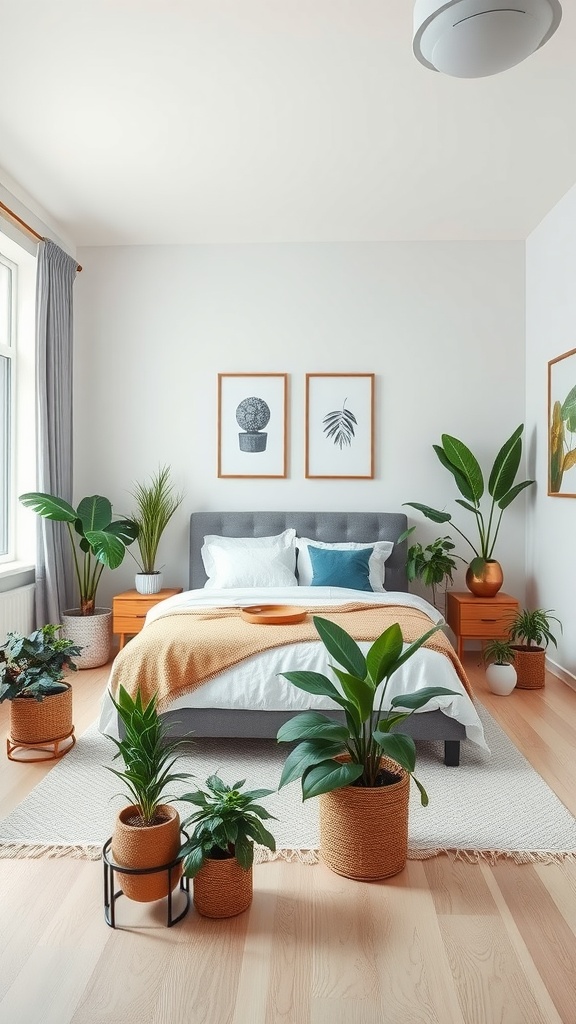 A cozy bedroom featuring various indoor plants, a gray bed, and warm-toned decor.