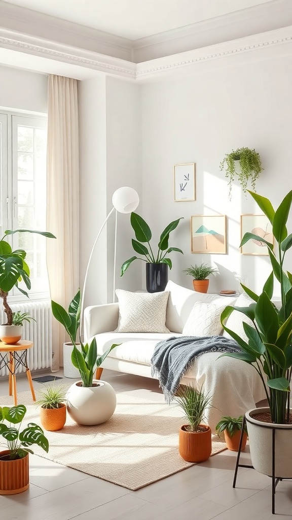 A bright living room filled with various indoor plants, showcasing a cozy and inviting atmosphere.