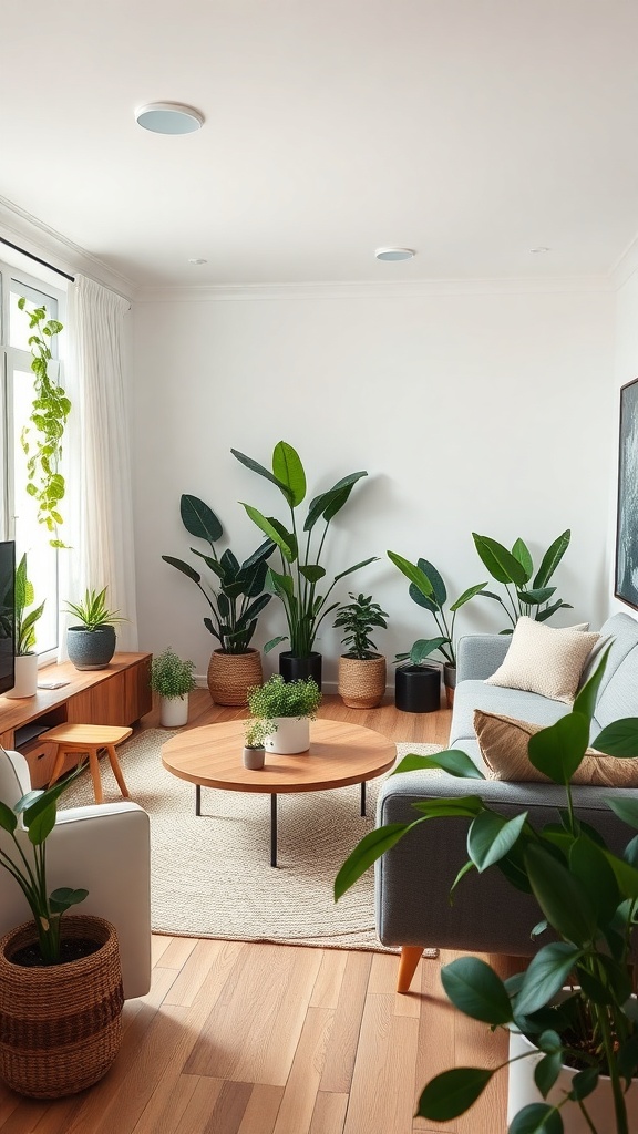 A bright open concept living room filled with various indoor plants, showcasing a cozy and inviting atmosphere.