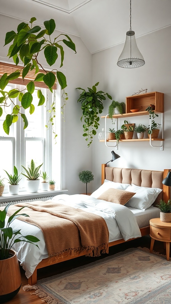 A cozy bedroom with various indoor plants, featuring a bed with a brown blanket, wooden furniture, and a bright window.